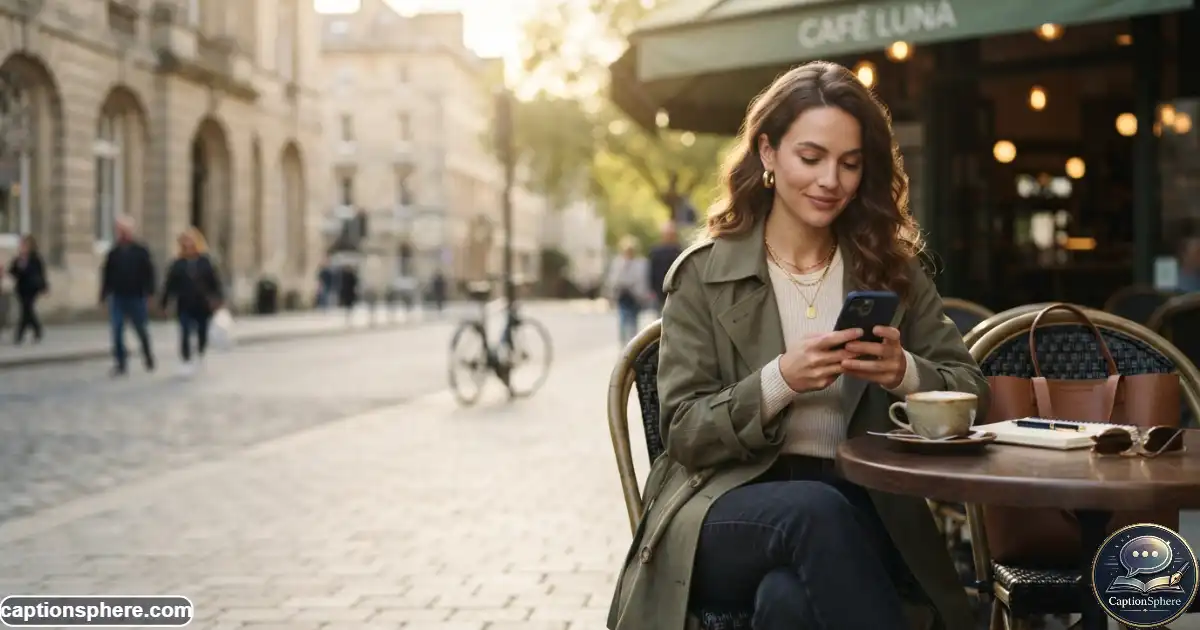 Person waiting at a city café while checking their phone for a message