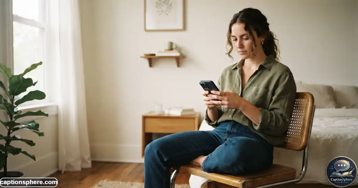 Realistic editorial lifestyle photograph, 16:9, close-to-medium framing of a person sitting on a bedroom chair checking a smartphone, quietly waiting for a message. Natural window light, authentic modern interior, subtle anticipation, realistic hands and phone, uncluttered background, clean top-middle space. No branding or extra text.