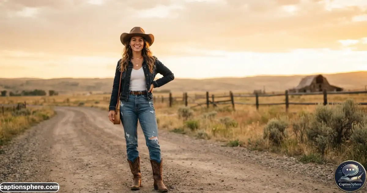 Young woman in a western outfit with denim, boots, and a cowboy hat outdoors