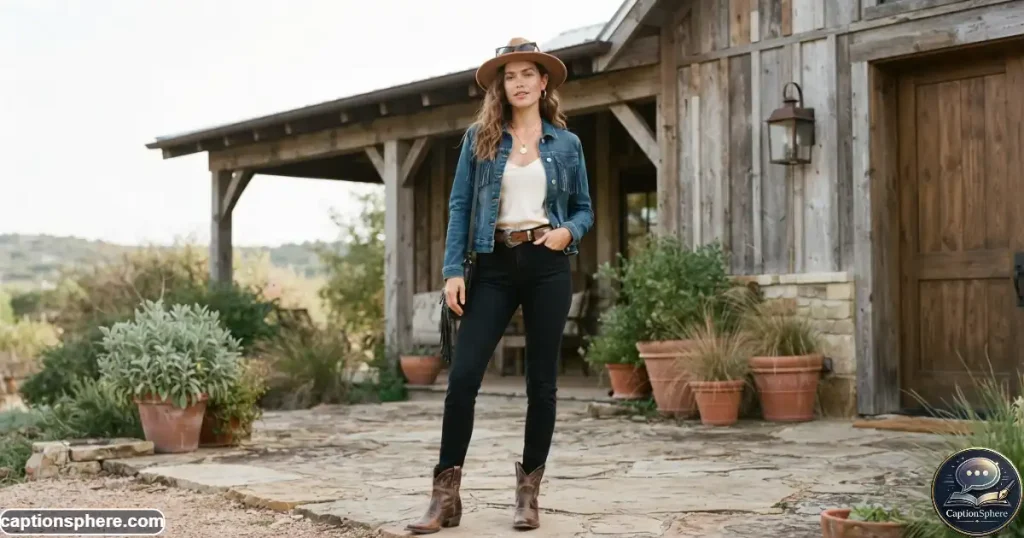 Image Prompt: 16:9 realistic fashion editorial photograph of a young woman wearing a polished modern western outfit with denim, boots, leather details, and subtle fringe, photographed outside a stylish rustic building. Full-body composition, confident natural pose, realistic anatomy, soft daylight, clean top-middle space, no branding or extra text.