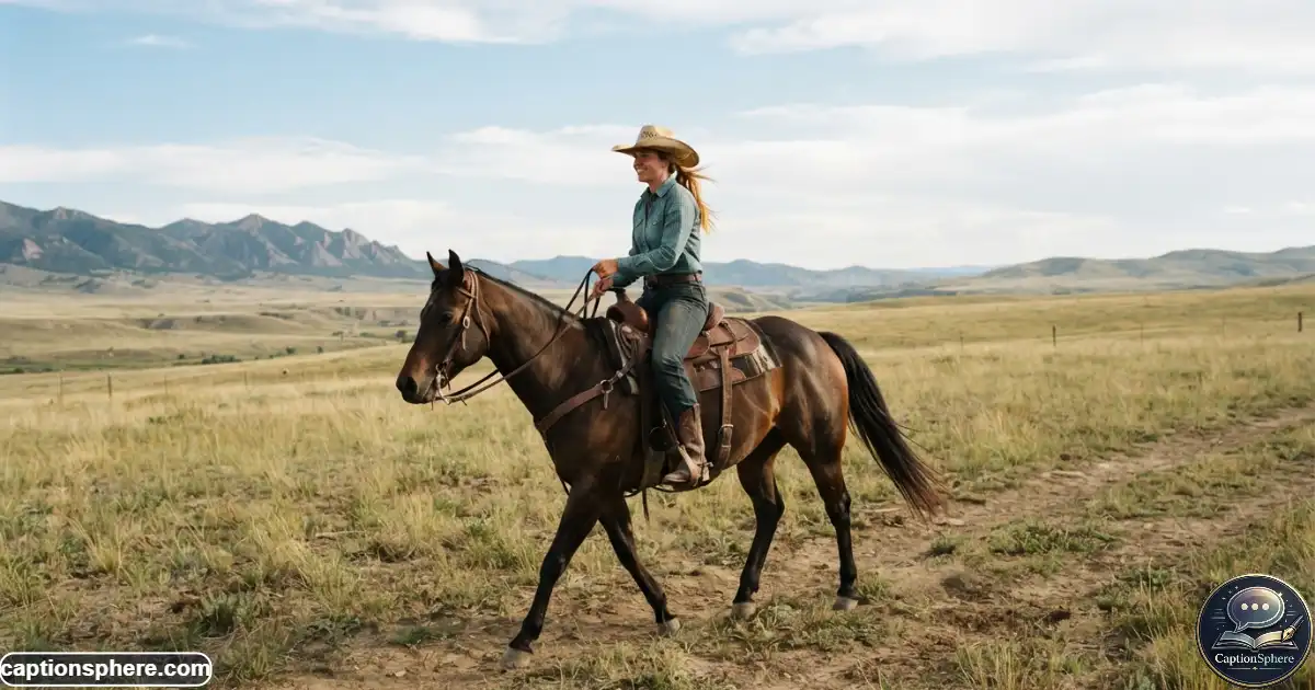 Image Prompt:
16:9 realistic professional equestrian lifestyle photograph of a young woman in western clothing and cowboy boots riding a horse across open countryside. Natural riding posture, believable horse anatomy, distant hills and wide sky, authentic outdoor lighting, editorial quality, clean top-middle space, no branding, watermark, or extra text.
