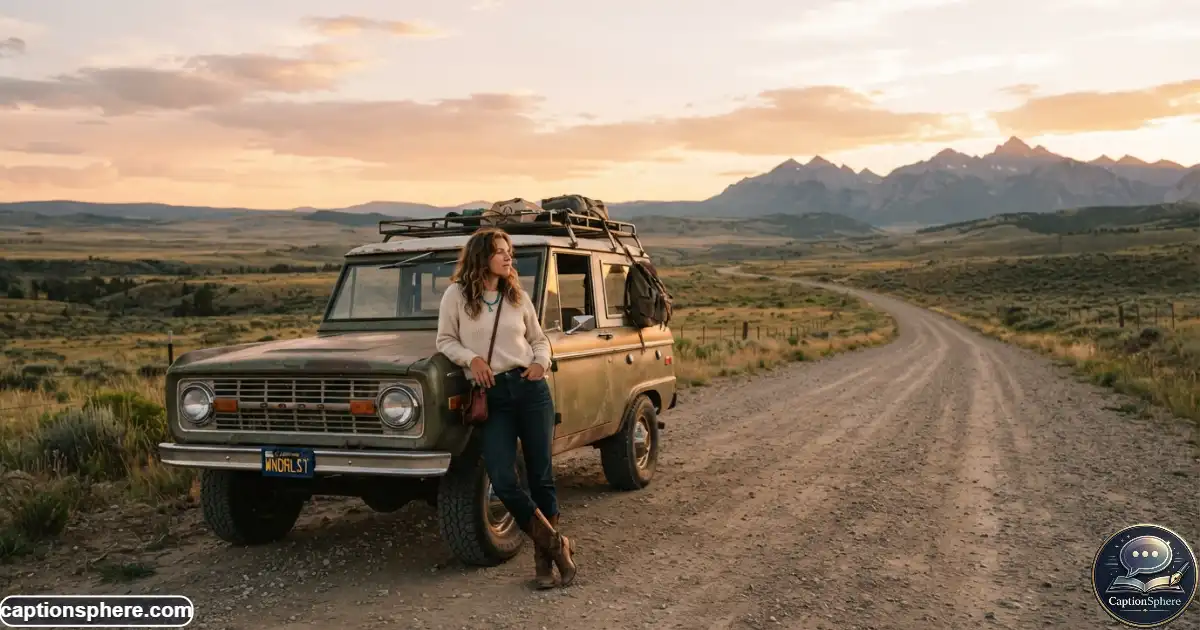 Image Prompt:
16:9 realistic cinematic travel photograph of a young woman standing beside a vintage-style vehicle on a quiet western country road at sunset. Wide landscape, distant mountains, warm natural sky, casual western outfit, thoughtful but natural pose, realistic environment, clean top-middle space, no logos, watermark, or extra text.