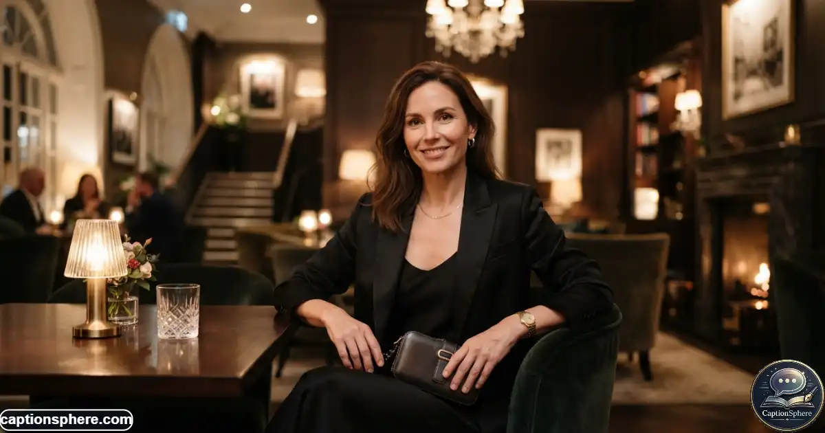 Image Prompt:
Create a realistic 16:9 editorial photograph of an adult woman wearing an elegant evening outfit in a refined hotel interior. Natural confident expression, sophisticated styling, subtle jewelry, warm ambient lighting, tasteful luxury décor, cinematic depth, and clean space at the top-middle for a heading. No logos, watermark, website name, subtitle, or extra text.