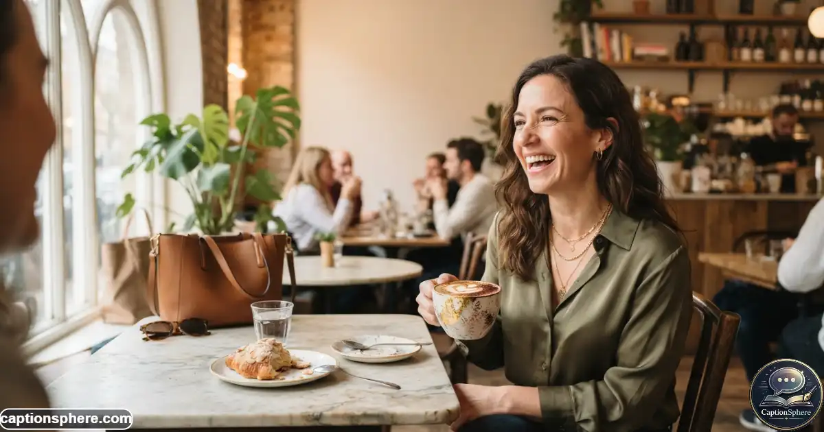 Woman enjoying an elaborate coffee in a stylish upscale café with playful expression