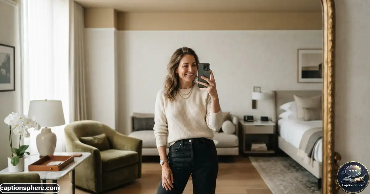Image Prompt:
Create a realistic 16:9 editorial lifestyle scene of an adult woman taking a stylish mirror selfie in a beautifully designed modern hotel room. Fashionable outfit, natural pose, realistic phone, elegant interior details, soft daylight, believable reflection, sophisticated aesthetic, and clean top-middle space for a heading. No logos, watermark, website name, subtitle, or extra text.