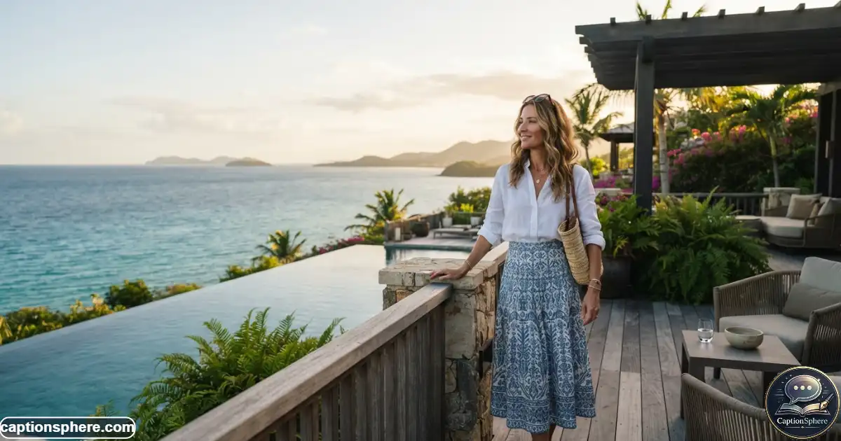 Create a realistic 16:9 editorial travel photograph of an adult stylish traveler standing on a sophisticated tropical resort terrace overlooking a beautiful ocean view. Elegant vacation outfit, relaxed confident expression, refined resort details, natural sunlight, cinematic depth, realistic environment, and clean top-middle space for a heading. No logos, watermark, website name, subtitle, or extra text.