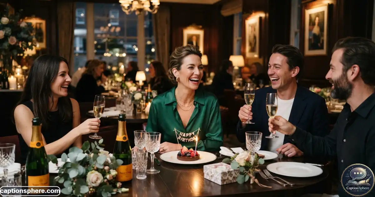 Stylish woman celebrating a birthday at an elegant evening dinner with friends