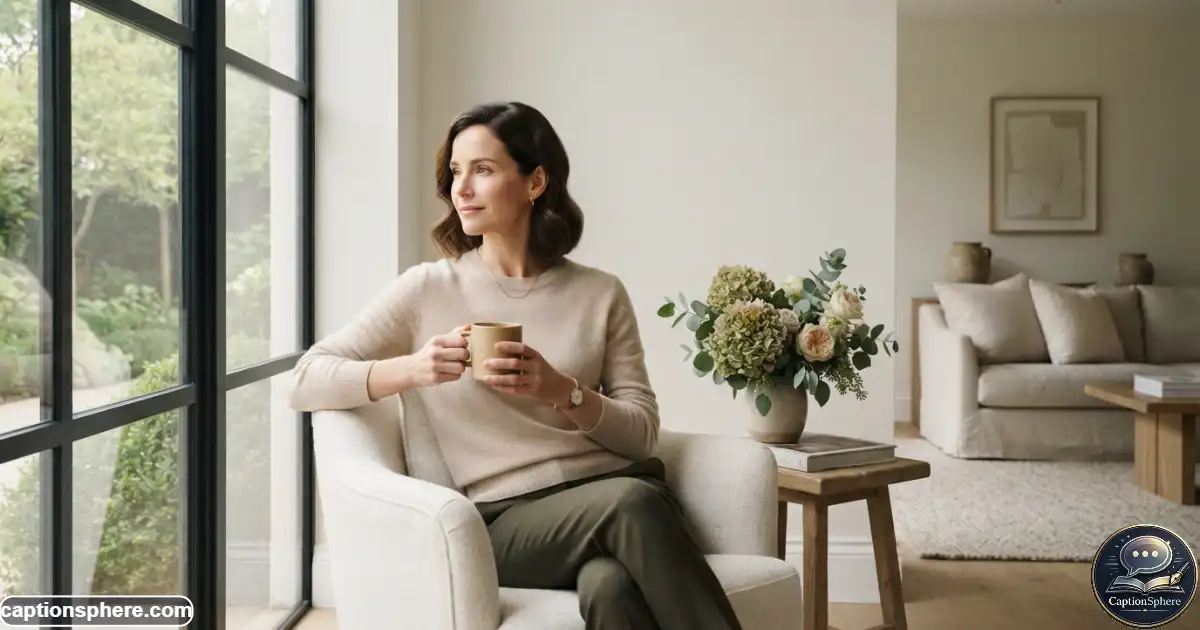 Create a realistic 16:9 editorial lifestyle photograph of a peaceful upscale morning scene featuring an elegant adult woman beside a refined neutral-toned interior, holding coffee near a window. Soft natural light, tasteful flowers, premium textures, understated décor, calm expression, quiet-luxury atmosphere, and clean top-middle space for a heading. No logos, watermark, website name, subtitle, or extra text.