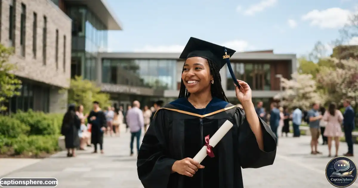 Image Prompt: Create a realistic editorial lifestyle photograph in 16:9 format showing a newly graduated master's student in elegant cap and gown holding a diploma outside a modern university building. The graduate has a natural, proud expression and relaxed posture. Include subtle graduation details and warm celebratory atmosphere. Leave clean visual space at the top-middle for a bold heading. No logos, watermark, website name, subtitle, or extra text.