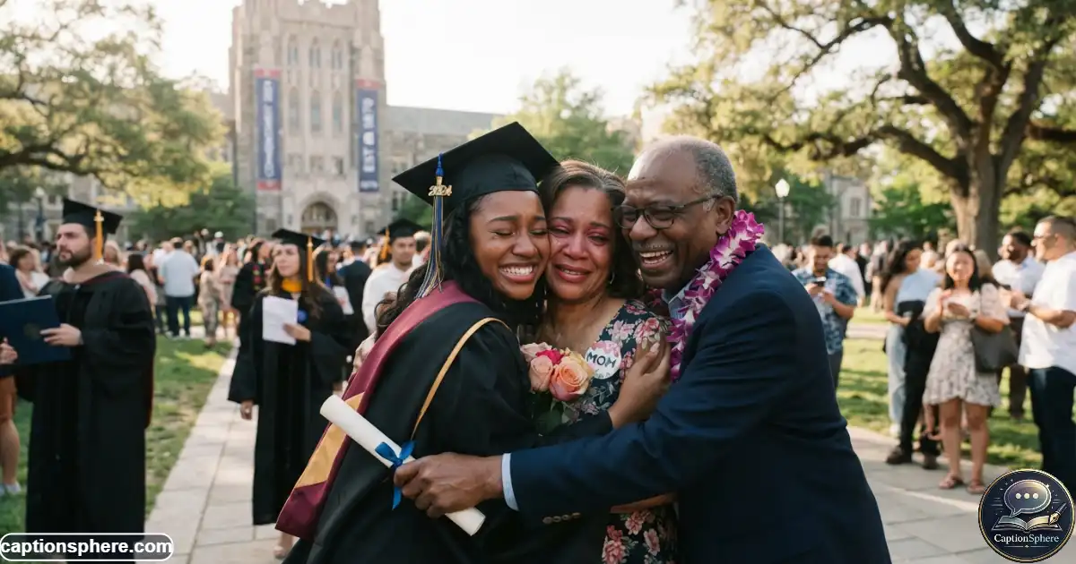 Image Prompt:
Create a realistic 16:9 editorial photograph showing a master's graduate sharing an emotional embrace with close family after a graduation ceremony. Capture genuine smiles and subtle tears in a natural campus setting. Use warm documentary-style composition and clean top-middle space for a heading. No logos, watermark, website name, subtitle, or extra text.
