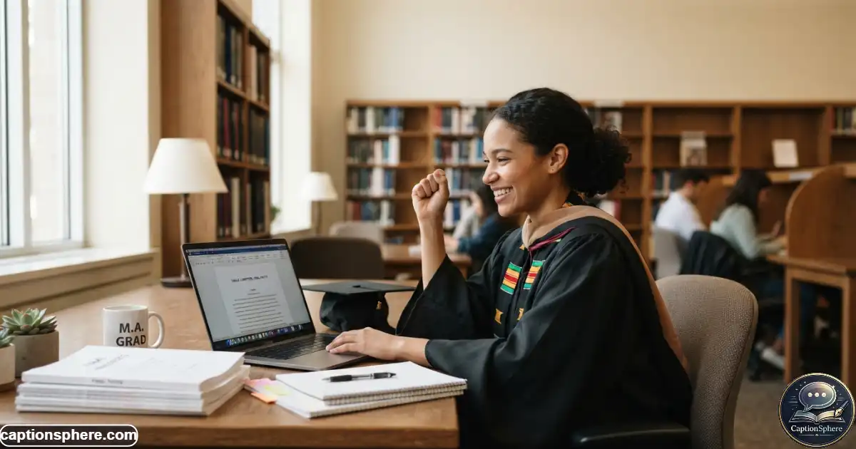Master's graduate celebrating completed thesis beside research notes and laptop