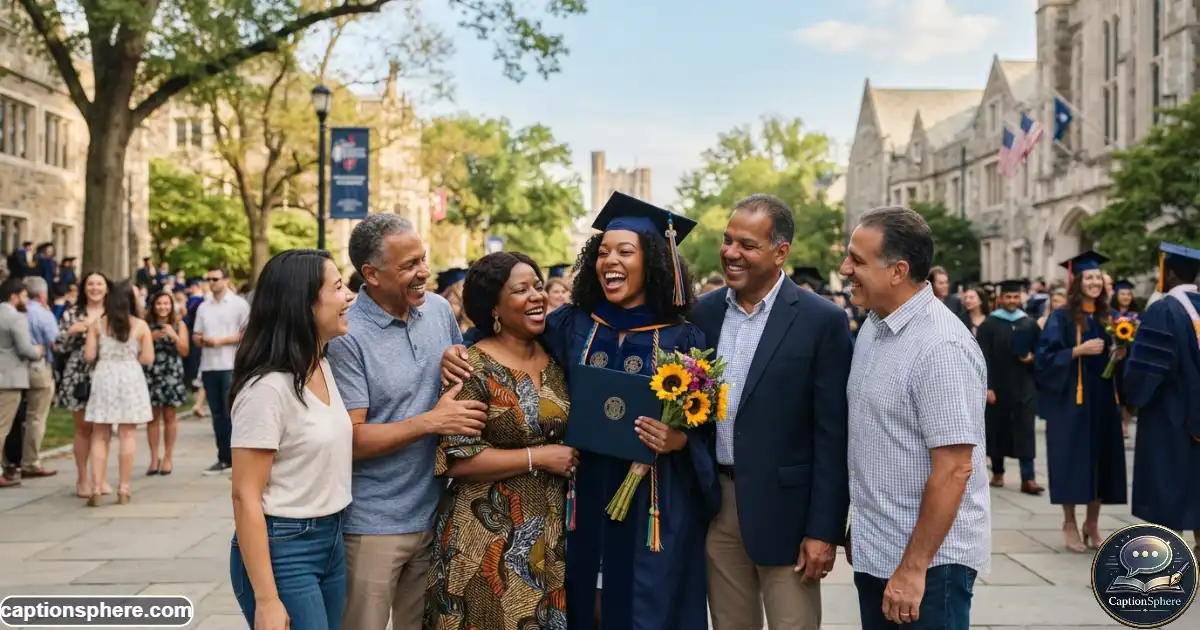Create a realistic 16:9 lifestyle photograph of a master's graduate celebrating with family and friends outdoors after graduation. Show several people naturally smiling, talking, and sharing the achievement rather than posing stiffly. Use a university courtyard setting with clean top-middle space for a heading. No logos, watermark, website name, subtitle, or extra text.