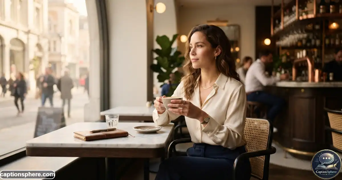 Create a realistic 16:9 editorial lifestyle photograph of an elegantly dressed person sitting at a sophisticated modern cafe, relaxed posture and composed expression. Warm natural window light, refined surroundings, subtle luxury, believable details, cinematic depth, realistic skin and anatomy, and clean top-middle space for a heading. No logos, watermark, website, subtitle, or extra text.