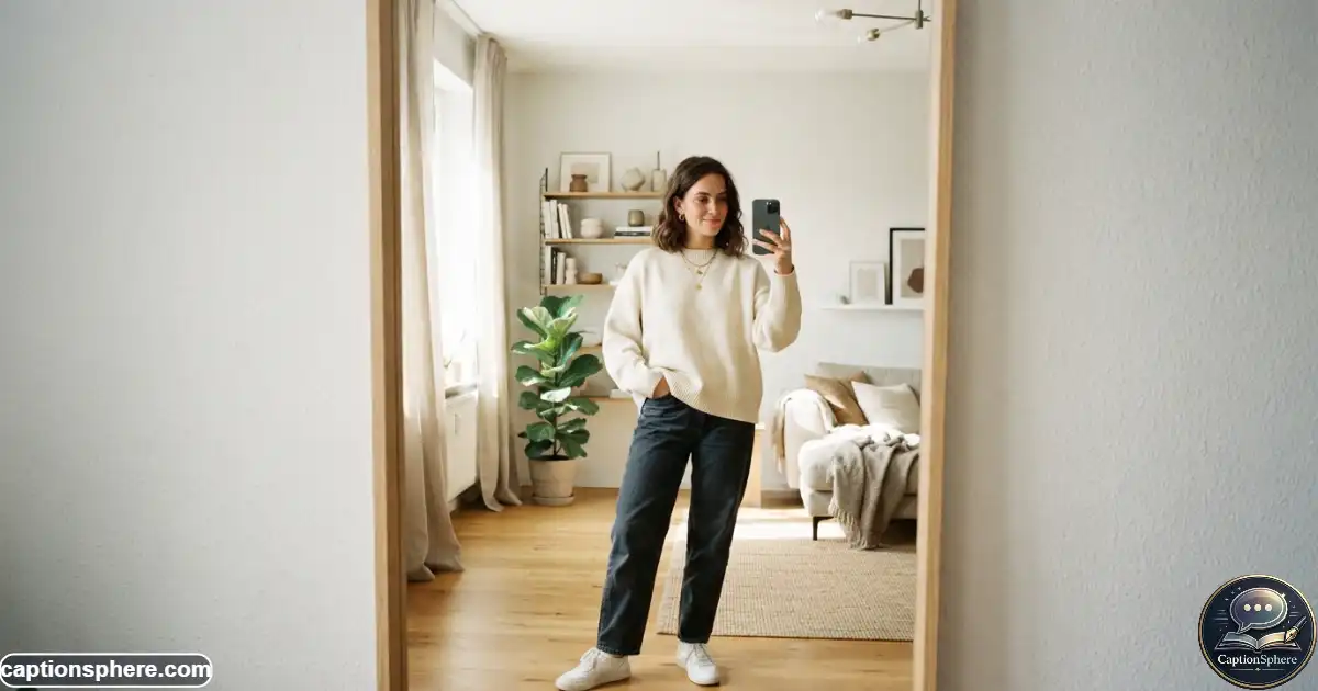 Stylish person taking a relaxed mirror selfie in a bright modern room