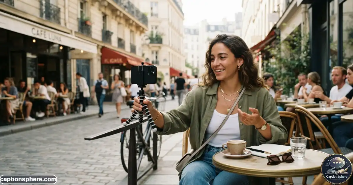 Person creating a casual social media post while enjoying a relaxed city afternoon