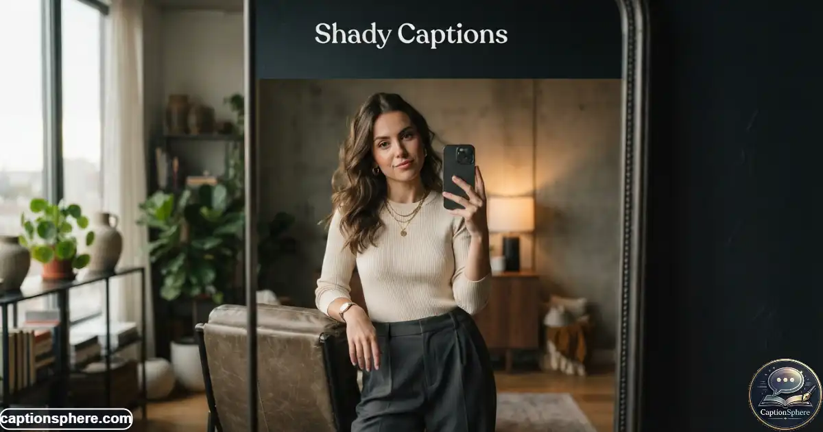 Create a realistic 16:9 editorial lifestyle photograph of a stylish young adult taking a confident mirror selfie in a modern apartment, subtle smirk, relaxed posture, fashionable neutral outfit, sophisticated moody atmosphere, natural window light, realistic skin and anatomy, premium social-media aesthetic. Leave clean visual space at the top-middle for the heading “Shady Captions.” No logo, watermark, subtitle, or extra text.