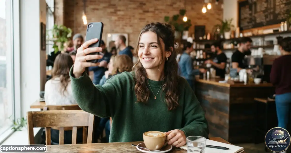 Create a realistic 16:9 editorial lifestyle photograph of a person taking a playful selfie at a trendy coffee shop, amused expression and subtle sarcastic smile, casual fashionable clothing, natural candid atmosphere, realistic details and anatomy. Leave clean space at the top-middle. No branding, watermark, subtitle, or extra text.