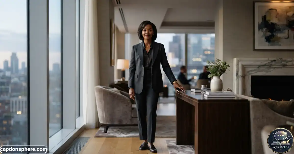 Create a realistic 16:9 premium editorial photograph of an elegantly dressed person standing confidently in a sophisticated modern interior, composed expression, subtle attitude, polished styling, natural lighting, refined atmosphere, realistic anatomy and proportions. Leave clean top-middle space. No logo, watermark, subtitle, or extra text.
