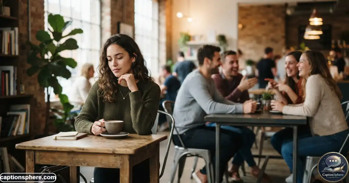 Create a realistic 16:9 editorial lifestyle photograph showing one person seated slightly apart from a small group of friends in a modern café, thoughtful expression and subtle emotional distance, natural body language, believable environment and anatomy, soft daylight. Leave clean top-middle space. No branding, watermark, subtitle, or extra text.