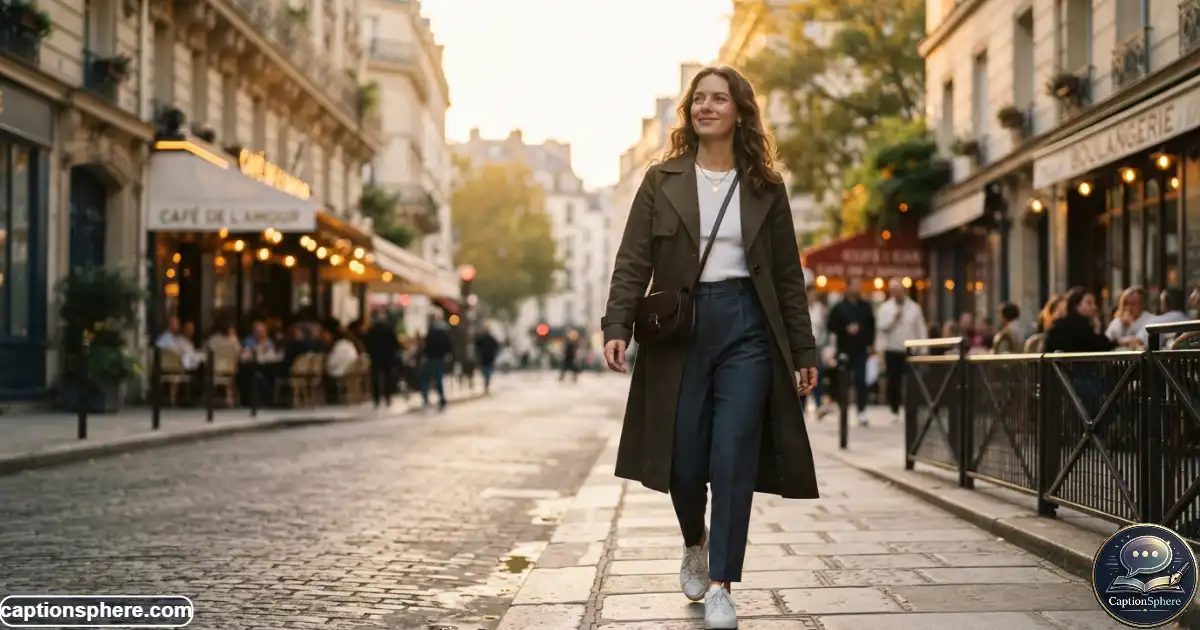 Create a realistic 16:9 editorial photograph of a confident person walking alone through a stylish city street at golden hour, peaceful expression, contemporary outfit, subtle feeling of moving forward, natural posture and realistic anatomy, cinematic lifestyle photography. Leave clean space at the top-middle. No logo, watermark, subtitle, or extra text.