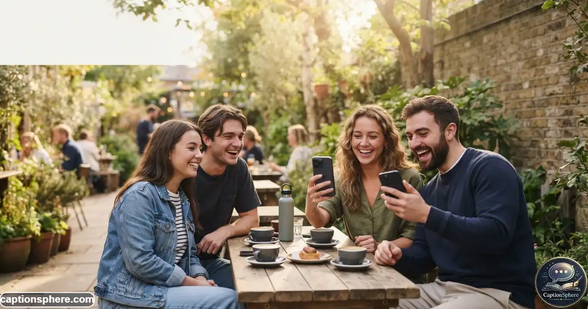 Image Prompt: 16:9 realistic editorial lifestyle photography of a small group of young adults casually taking photos outdoors during a relaxed afternoon, natural expressions, modern everyday clothing, authentic candid atmosphere, smartphone visible but not dominant, warm natural light, uncluttered environment, premium social-media editorial feel, generous clean space at the top-middle for a bold heading.