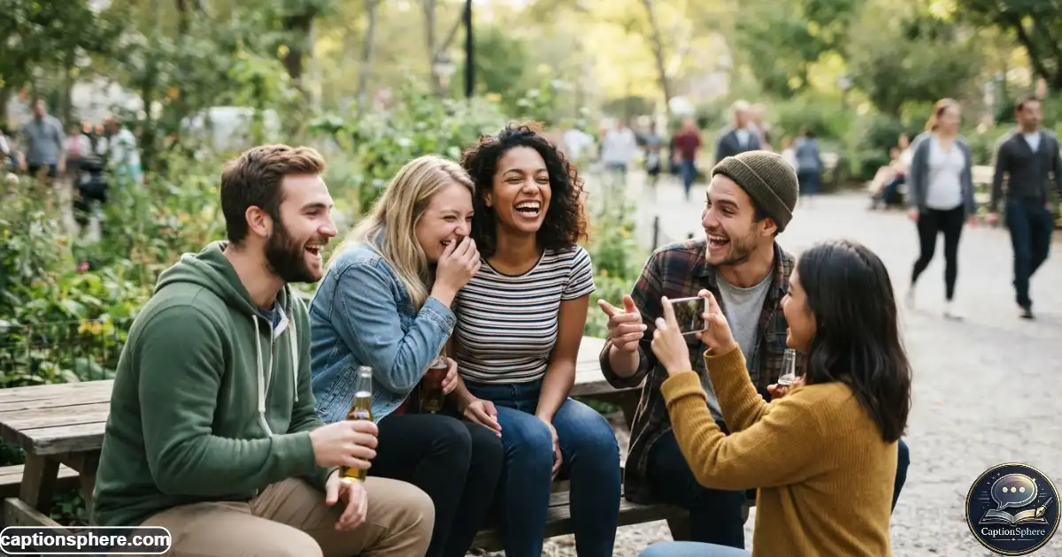 Image Prompt:
16:9 realistic editorial photograph of several friends laughing naturally while one person takes a spontaneous smartphone photo, candid gestures, believable expressions, casual clothing, everyday outdoor setting, subtle humor in the scene, varied composition and generous clean space near the top-middle.