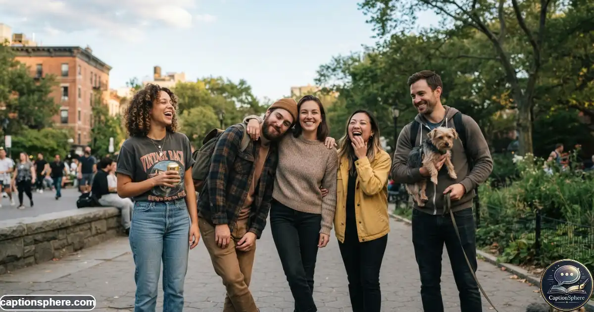 Image Prompt:
16:9 realistic editorial lifestyle photograph of five friends spending time together outdoors, naturally gathered for a group photo, relaxed smiles and spontaneous body language, casual clothing, realistic public setting, varied poses and framing, authentic friendship atmosphere, clean space at the top-middle.