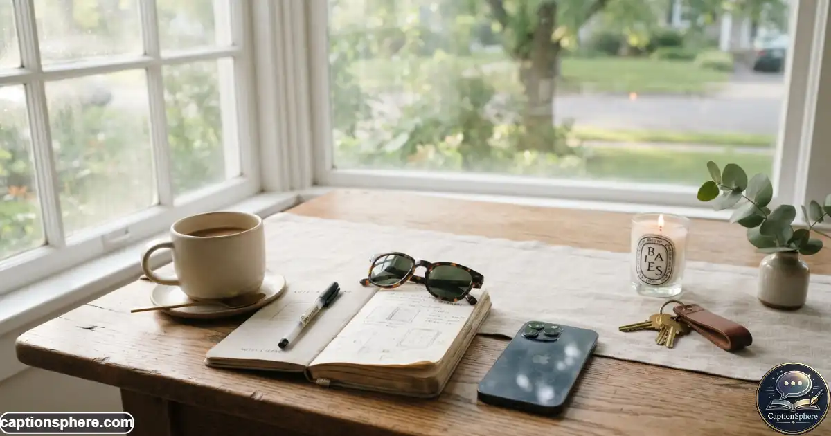 Image Prompt:
16:9 realistic editorial lifestyle still life of a coffee cup, notebook, sunglasses, phone, and everyday personal items on a table beside a bright window, subtle morning atmosphere, natural imperfections, understated aesthetic, believable textures, sophisticated composition with clean top-middle space.