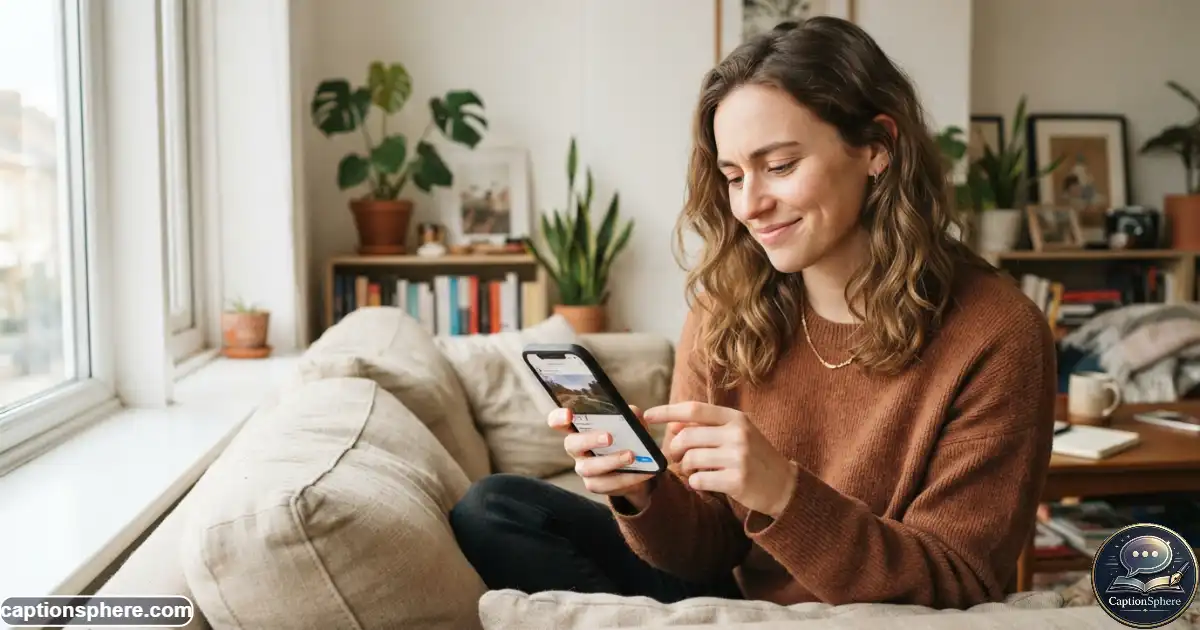 16:9 realistic editorial lifestyle photograph of a young adult looking thoughtfully at a smartphone while deciding whether to post a photo, subtle amused expression rather than stress, casual room setting, natural lighting, believable body language, understated storytelling, clean top-middle space for a heading.