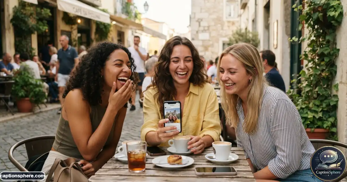 Friends laughing while looking at a delayed social media post on a smartphone