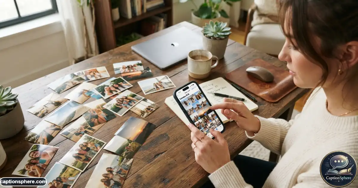Person sorting favorite photos from a smartphone camera roll for a photo dump