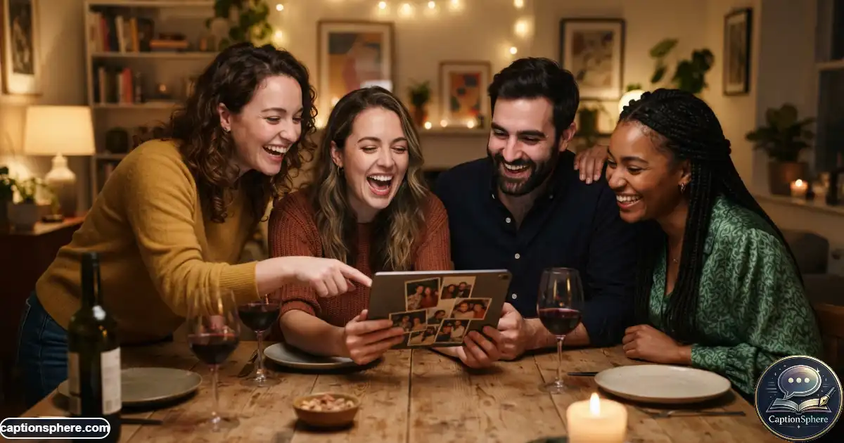 Group of friends looking through old photos together and laughing