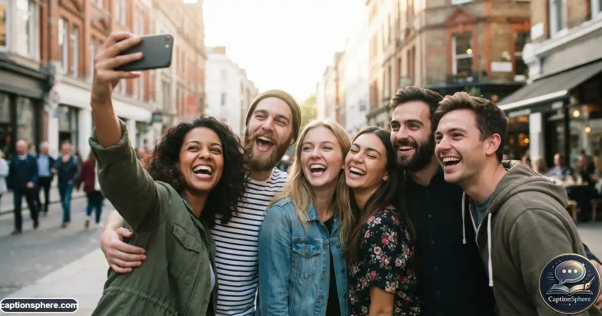 Image Prompt:
Create a realistic 16:9 editorial photograph of a lively group of friends laughing during a playful selfie in an urban outdoor setting. Capture spontaneous expressions and slightly imperfect poses rather than staged smiles. Use natural lighting, believable anatomy, varied body positions, and clean top-middle space for a heading. No logos, watermark, website, or extra text.