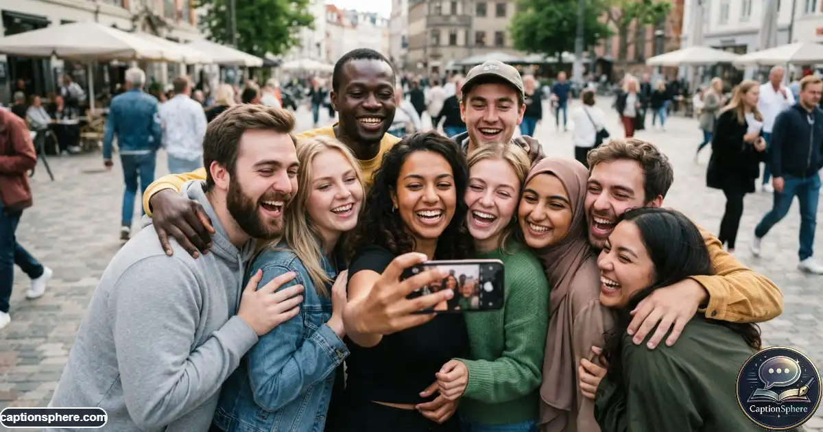 Image Prompt:
Create a realistic 16:9 editorial photograph of a large diverse group squeezing together for a playful selfie in a lively public setting. Show authentic crowding, overlapping poses, laughter, and people trying to fit into the frame. Natural expressions, believable anatomy, dynamic composition, and clean top-middle space. No logos, watermark, website, or extra text.