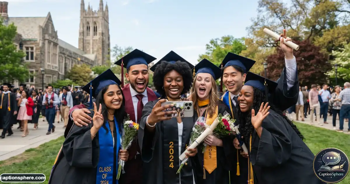 Create a realistic 16:9 editorial photograph of diverse college graduates celebrating outdoors after a ceremony while taking a group selfie. Include tasteful graduation attire, natural excitement, authentic friendships, campus architecture in the background, believable anatomy, and varied poses. Leave clean top-middle space for a heading. No logos, watermark, website, or extra text.