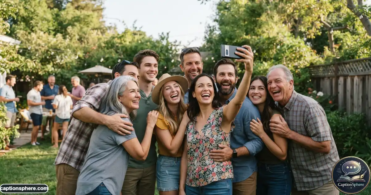 Image Prompt:
Create a realistic 16:9 family lifestyle photograph showing several adult family members and cousins gathered together at a relaxed outdoor reunion while taking a group selfie. Use warm natural expressions, varied ages, believable anatomy, authentic interaction, and a comfortable family setting. Leave clean top-middle space for a heading. No logos, watermark, website, or extra text.