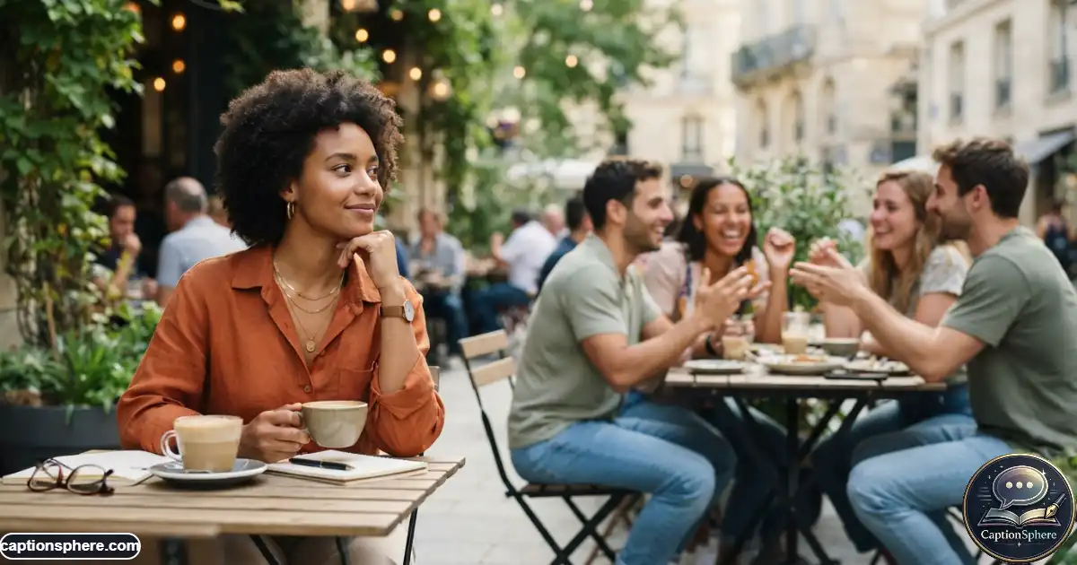 Create a realistic 16:9 editorial photograph in a modern outdoor café showing a confident young adult seated slightly apart from a casual social group, calmly observing the scene with a thoughtful expression. Natural daylight, believable anatomy, realistic clothing, subtle emotional storytelling, and premium lifestyle photography. Leave clean top-middle space. No text, branding, logo, or watermark.