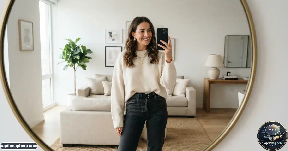 Create a realistic 16:9 editorial lifestyle photograph of a fashionable young adult taking a confident mirror selfie inside a modern minimalist apartment. Include realistic smartphone positioning, believable anatomy, natural posture, stylish contemporary clothing, soft indoor lighting, and a premium social-media photography aesthetic. Leave clean top-middle space for a heading. No logo, watermark, website, subtitle, or extra text.