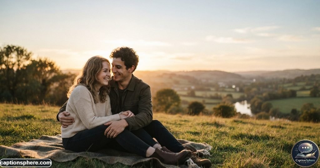Couple sharing a warm romantic moment outdoors during golden-hour light