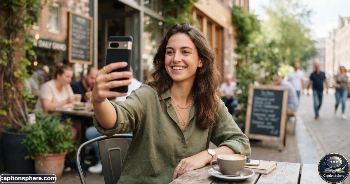 Young adult taking a natural smartphone selfie in soft daylight near a modern cafe