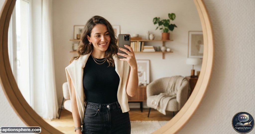 Person taking a stylish mirror selfie in a modern room with confident posture