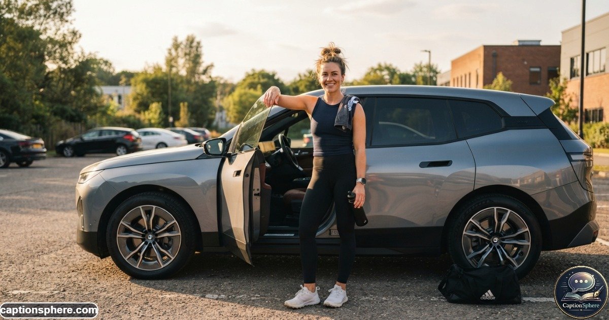 Confident young adult outdoors beside a car after a workout session