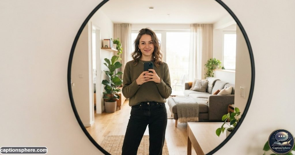 Person taking a confident mirror selfie in a minimalist modern room