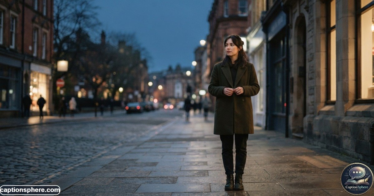 Calm person standing alone at night with an unbothered expression