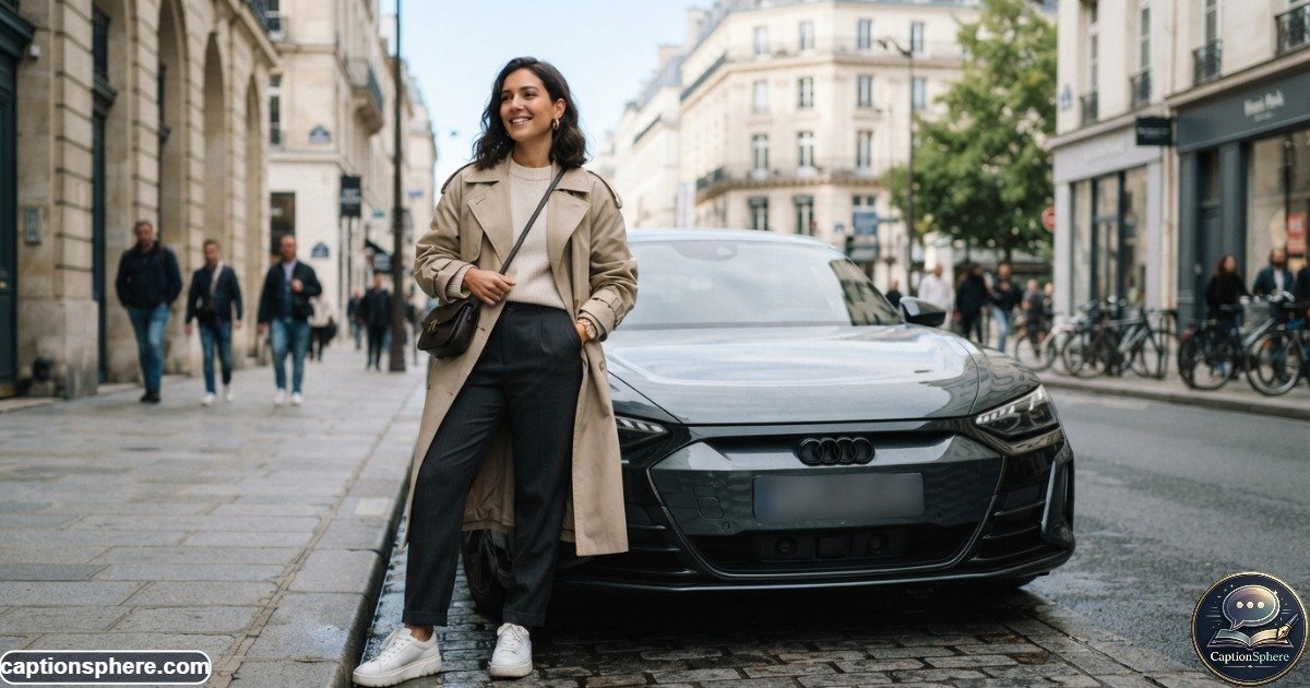 Stylish person posing beside a modern car on an urban street