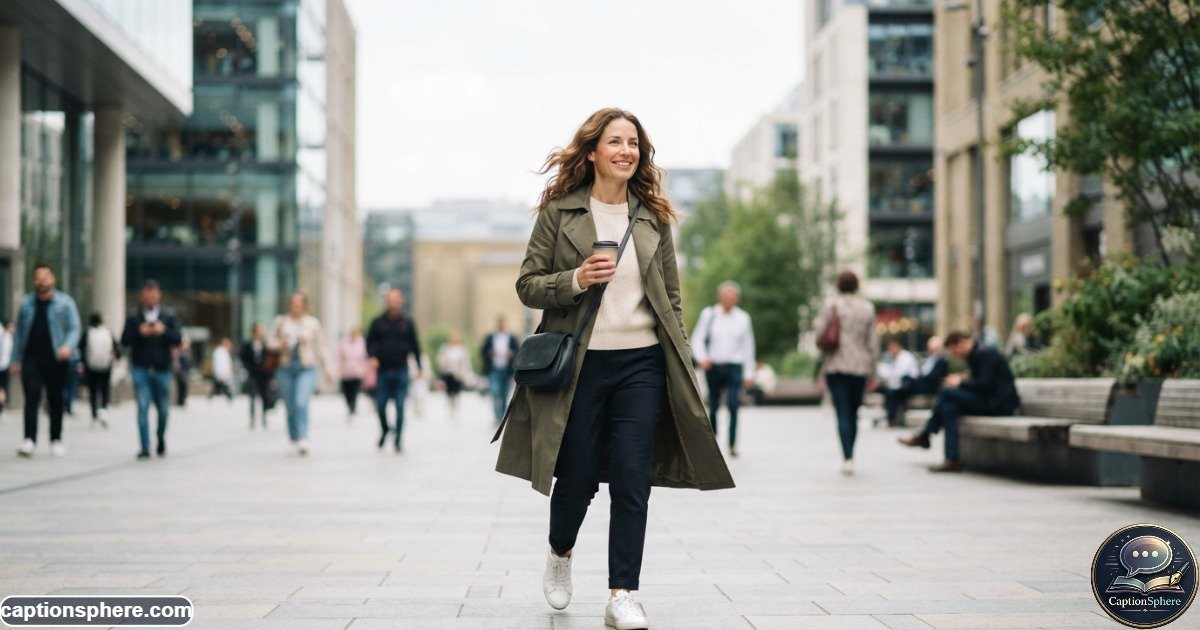 Confident woman walking outdoors with relaxed posture and natural expression