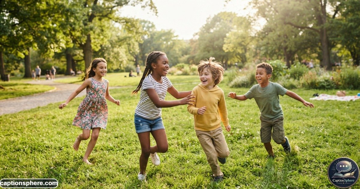 Children laughing and playing together during a cheerful outdoor afternoon