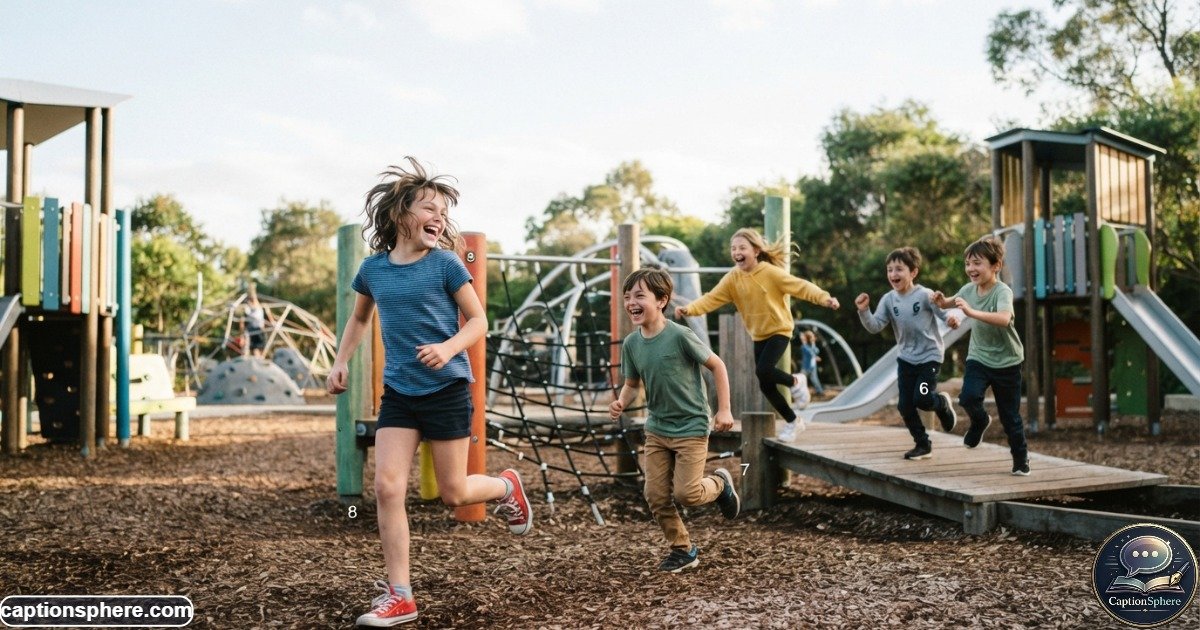 Children laughing and running around a busy playground during playful chaos