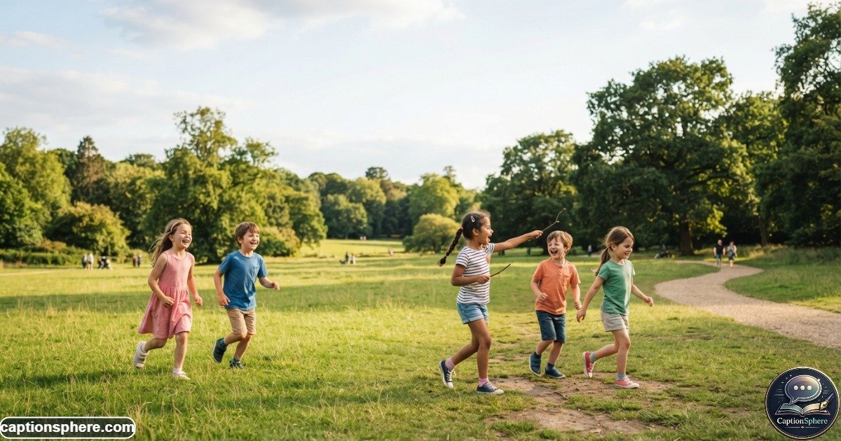 Children running and exploring a sunny green park together