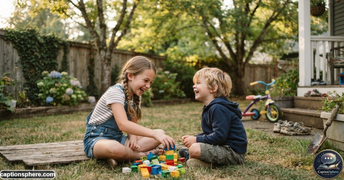Brother and sister laughing while playing together outdoors